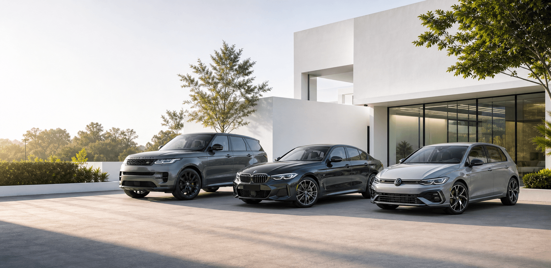 Curated lineup of premium used cars on a bright dealership forecourt
